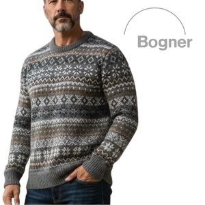 BOGNER Vintage Charcoal Tan Striped Fair Isle Geometric Ski Jumper Sweater L XL